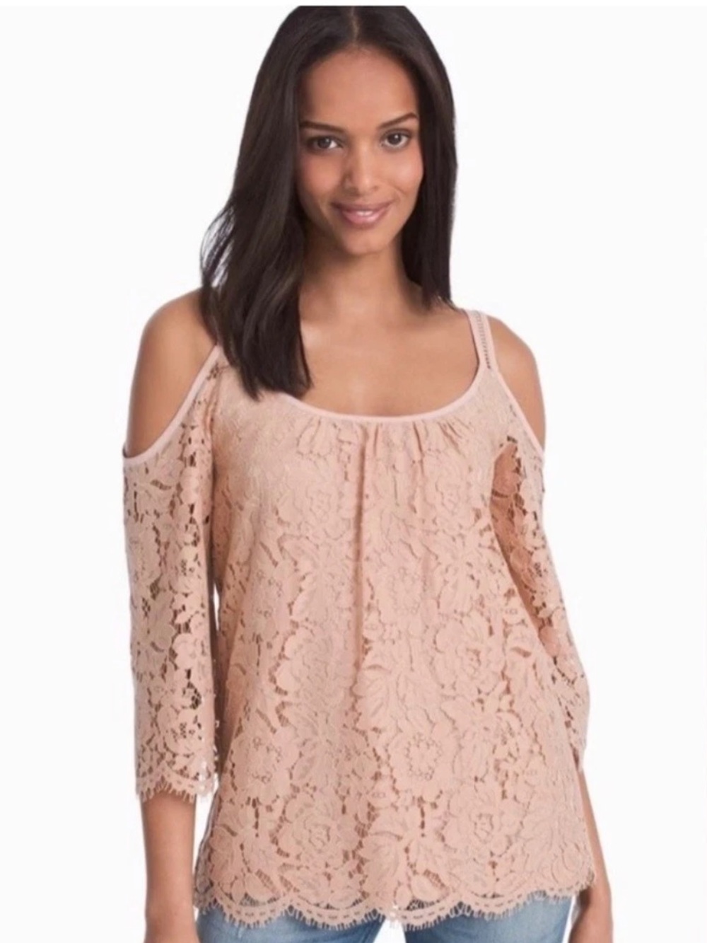 WHBM Blush Lace Cold Shoulder Top PS SP Petite Small EUC $89